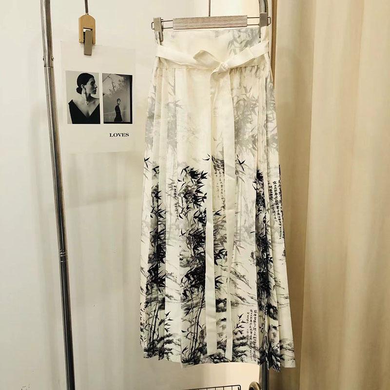 2024 Women's Chinese Style Ink-Dyed Bamboo Leaf Print Chiffon Satin Pleated Skirt