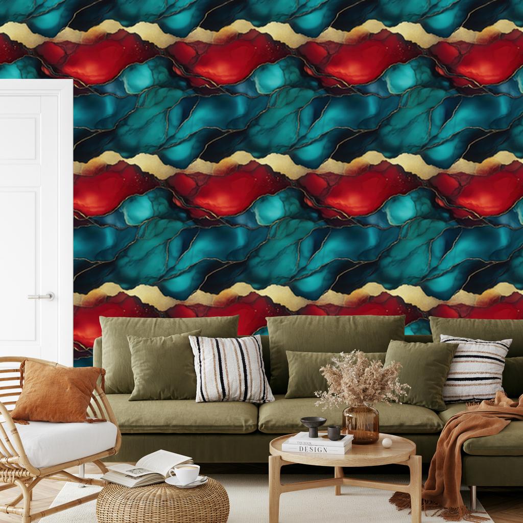 Ink Wallpaper Turquoise, Red and Burgundy for Living Room and Bedroom 50x1000