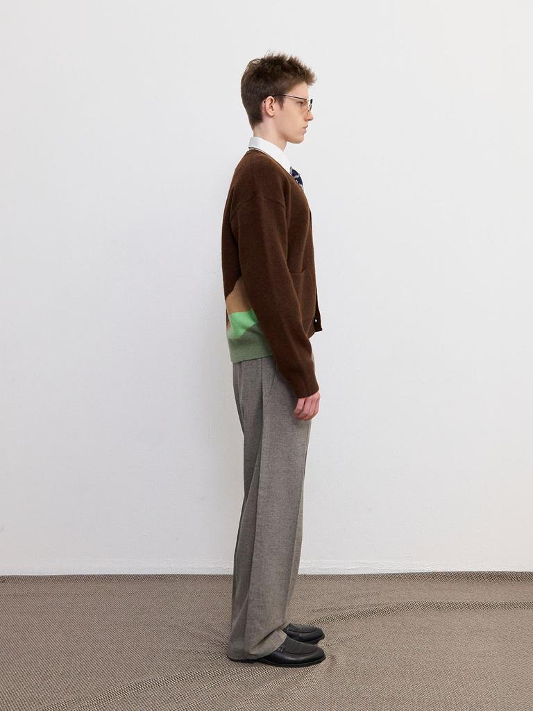 FRAGE Alpaca Semi-Crop Color Block Knit Cardigan - Brown
