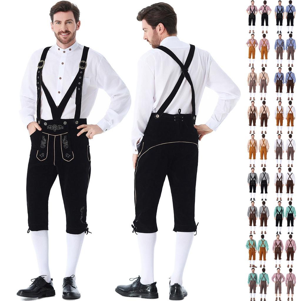 Men's Oktoberfest Costume Set - Long Sleeve Shirt and Suspenders Pants, Two Piece Bavarian Outfit for Festival
