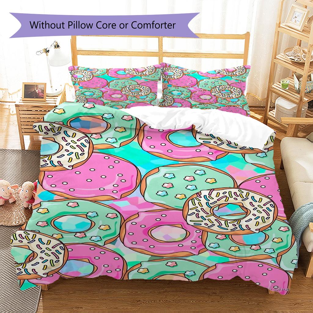 Donuts Pattern Bedding Quilt Set Quilt Cover Pillowcase Home Decoration Gift (1 * duvet cover + 2 * pillowcase, without core)