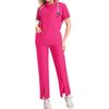 Women's Short Sleeved Solid Color High Collar Pocket Top Pants Work Clothes Two Piece Set