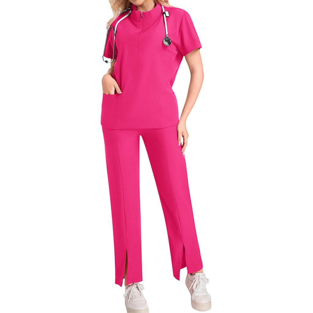 Women's Short Sleeved Solid Color High Collar Pocket Top Pants Work Clothes Two Piece Set