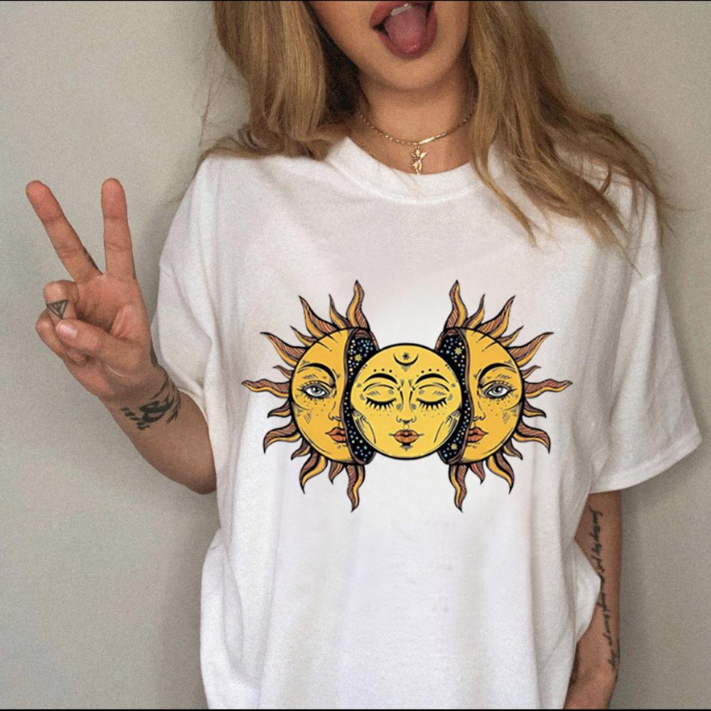 Women TShirt Retro Witch Style TShirt Y2K Aesthetic Casual Loose Fit Top Sun Moon Stars Harajuku Graphic Print Daily Streetwear