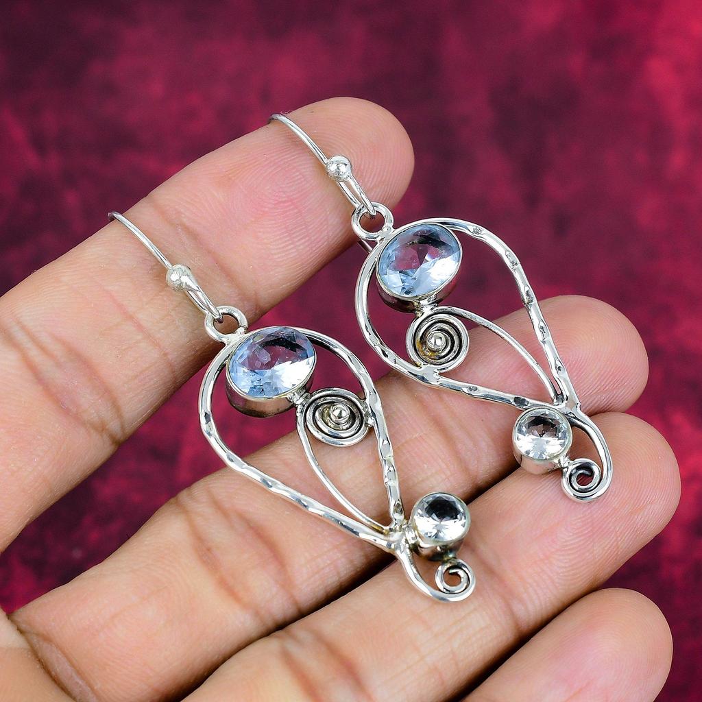 Blue Topaz Earrings, 925 Solid Sterling Silver Gemstone Jewelry, Handmade Earrings, For Thanksgiving
