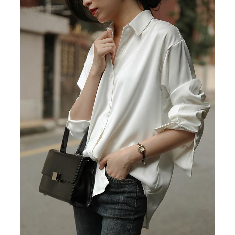 Casual Comfortable and Versatile White Shirt Female Design Sense Niche Satin Blouse Vintage Career Blouse Fall Temperament Elegant Fashion Top