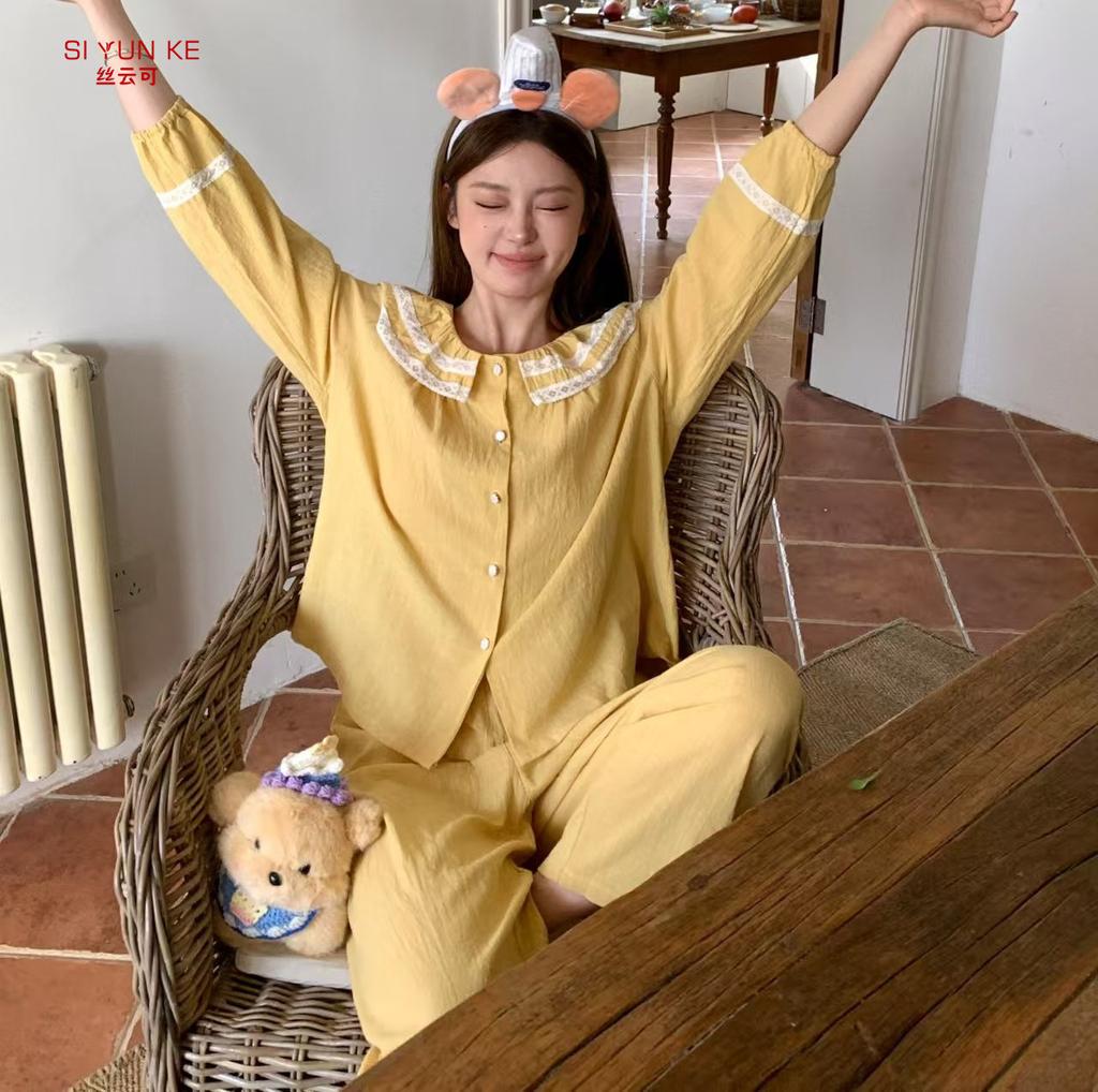 1011 Korean Style Spring-Autumn Cotton Sweet Lace Flat Large Lapel Loose Comfortable Skin-Friendly Outerwear Homewear Girl's Set