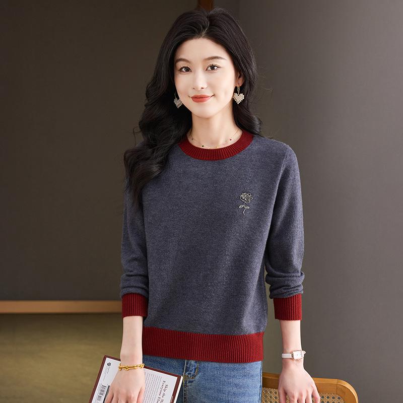 2025 Spring/Autumn Color Block Knit Women's Long Sleeve Sweater Jumper