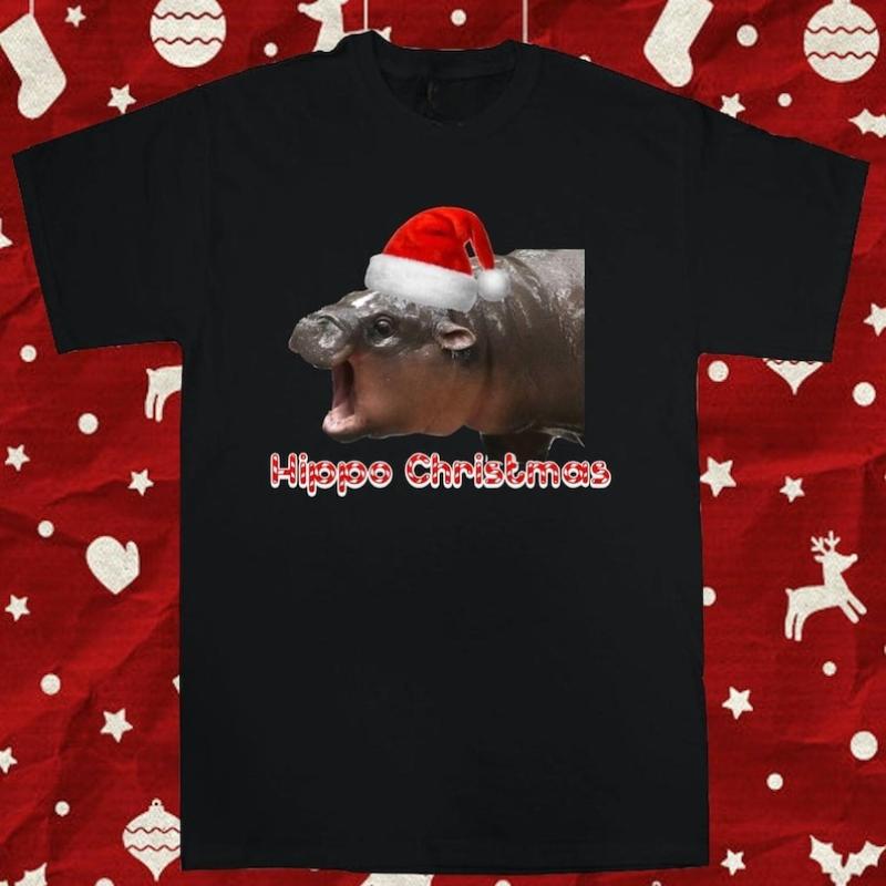 Moo Deng Pygmy Hippopotamus Christmas Hat Graphic Tshirt High Quality Cotton Crewneck Tops Tee Shirt Short Unisex Casual Style