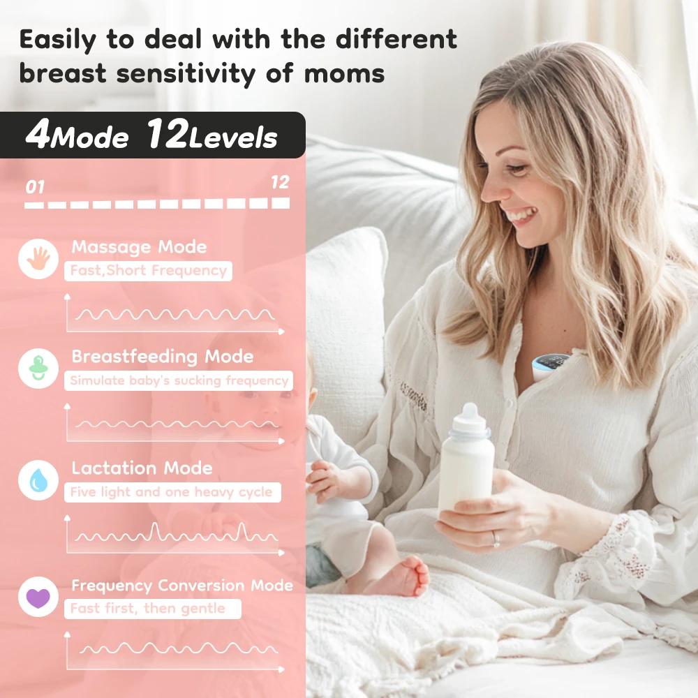Electric Wearable Breastmilk Pump Handsfree BPA Free Low Noise Powerful Suction 4 Mode&12 Level Shell Shape Wireless Breast Pump