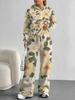 European, American Autumn and Winter Blue Flower Casual Long-sleeved Suit Women's Hooded Sweater Trousers Two-piece Set