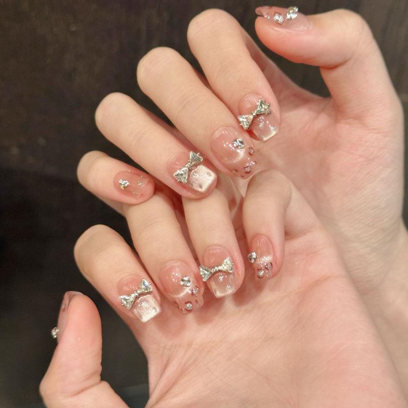 Leopard Print Heiress Cat Eye Bow False Nails - Sweet & Spicy Blush Design