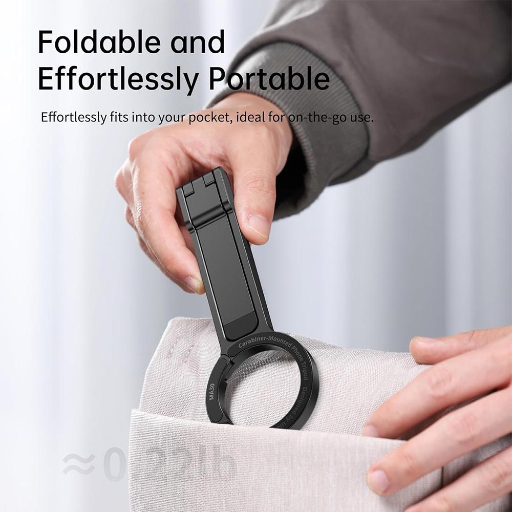 Alloy Magnetic Phone Tripod Foldable Portable Stand Carabiner-Mounted Desk Support with 3 Magnetic Rings for 14 15