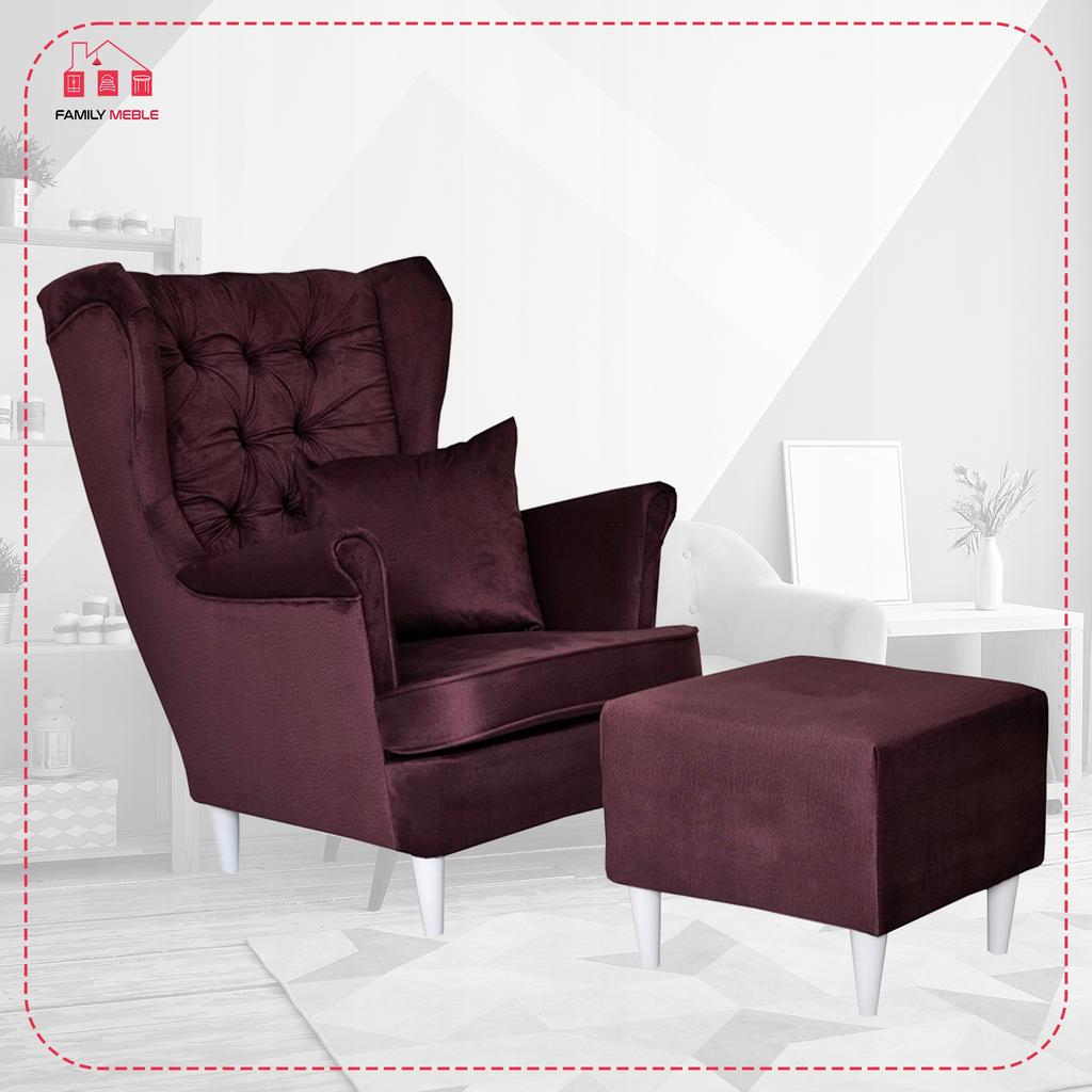 Gaja Wing Chair with Footrest Scandinavian Family Meble Burgundy Velvet