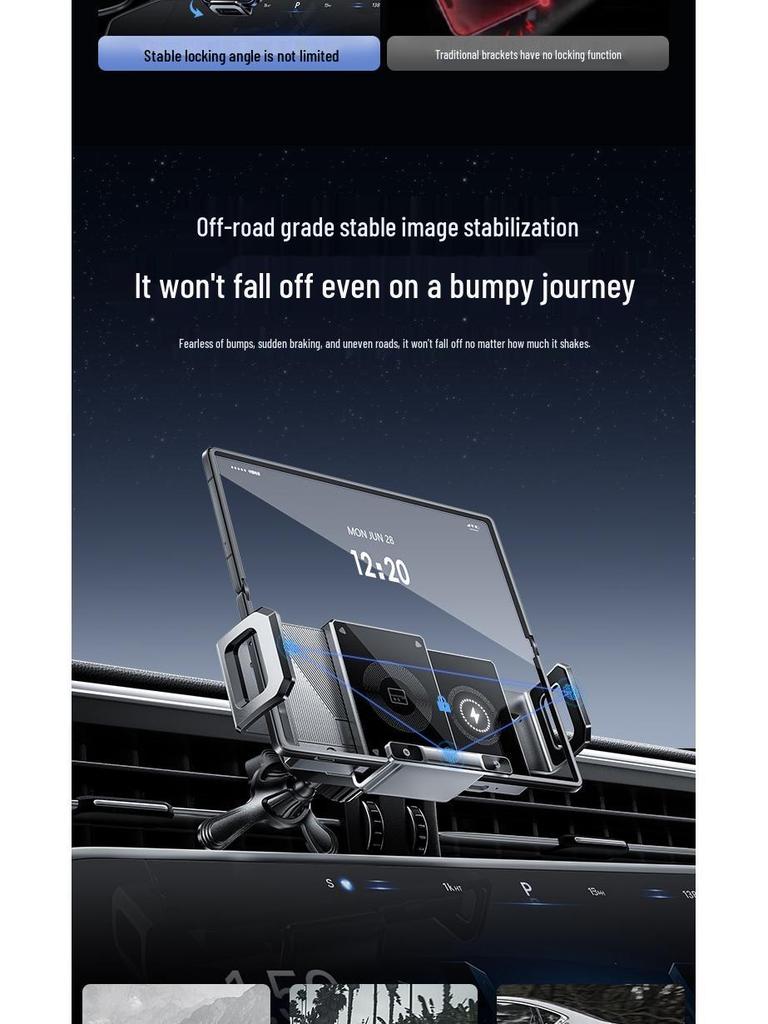 Electric Foldable Phone Holder with Wireless Charging & Clamping Arm for Horizontal/Vertical Car Mounting