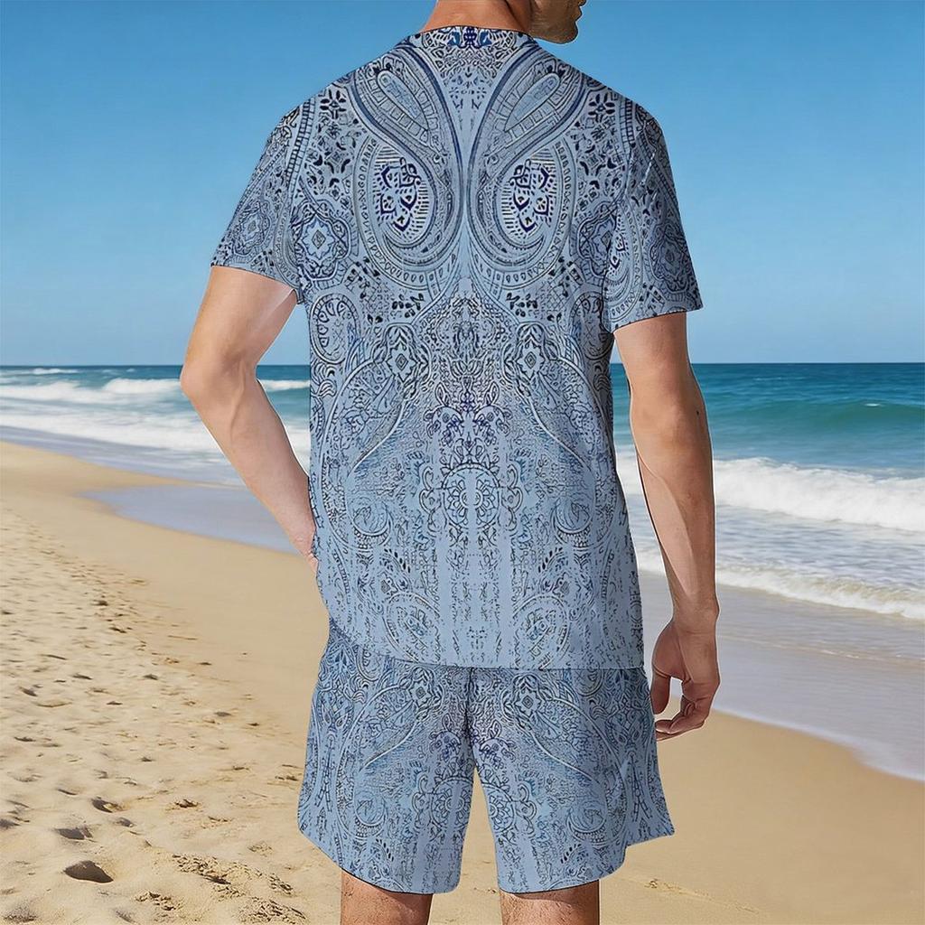 Men Vibrant Multicolor Vintage Paisley Print Short Sleeve Tee And Matching Shorts Two Piece Outfit