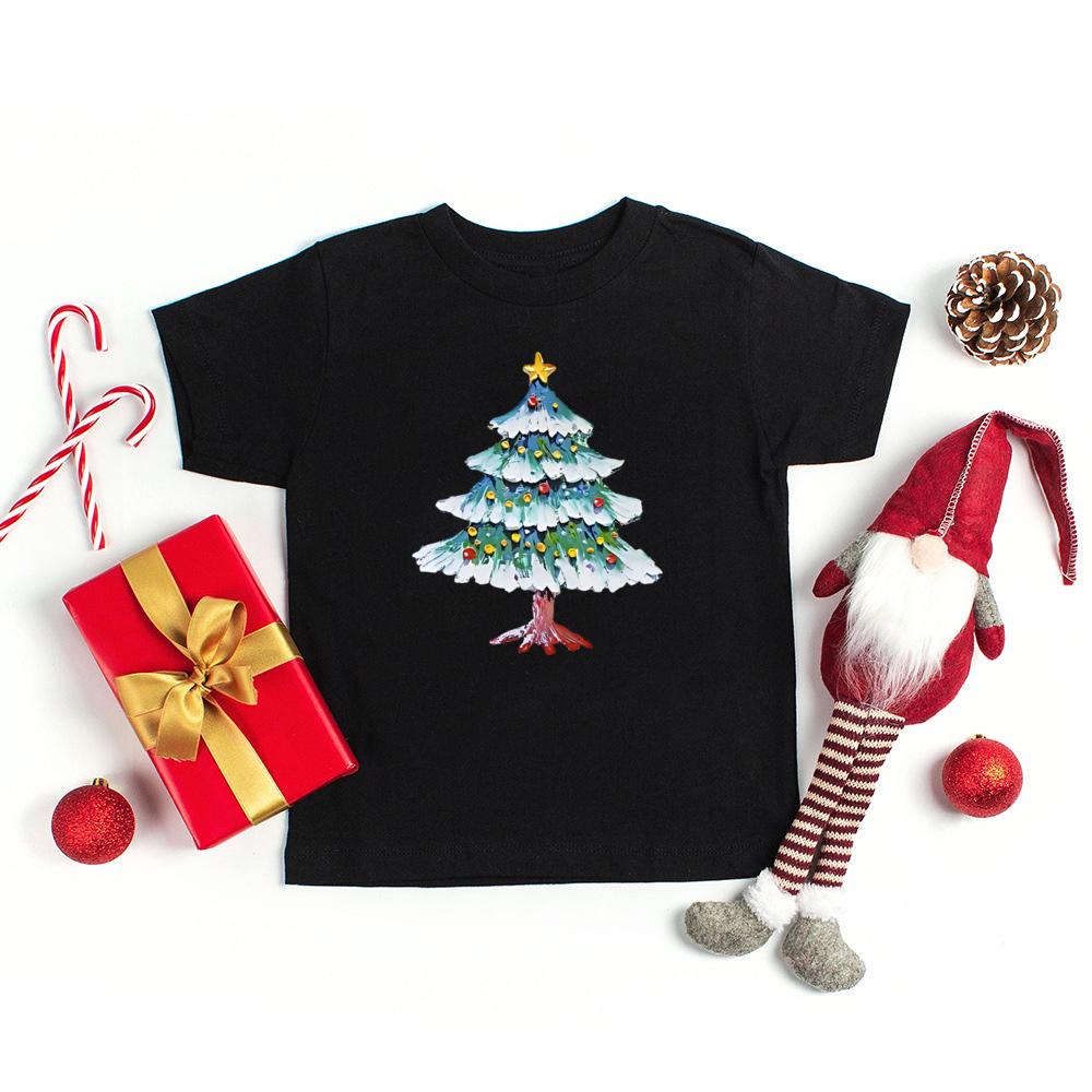 Christmas Tree and Santa Claus Printed Kids T-shirt Christmas Toddler Round Neck Tops Xmas Holiday Short Sleeve Tee Outfits