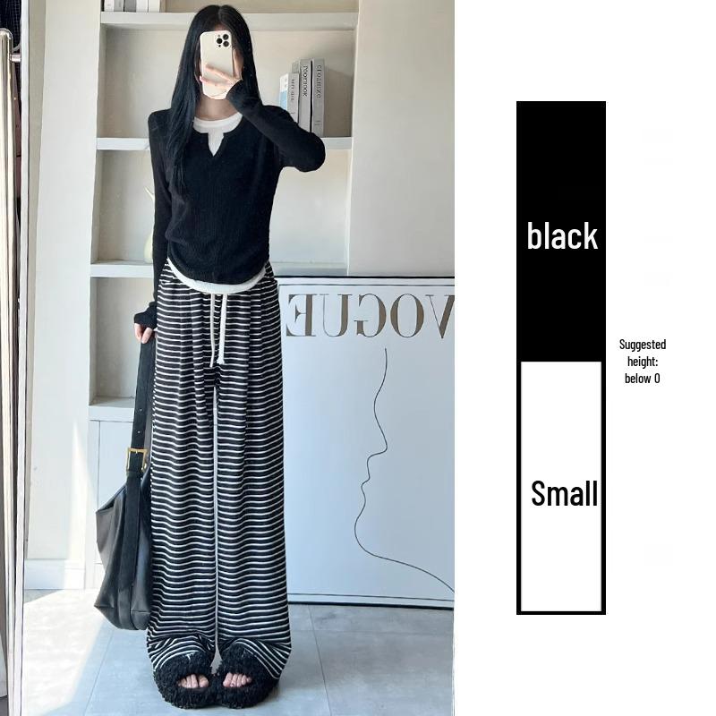 

Women s Striped Knitted Wide-Leg Pants - Petite, High-Waist, Drawstring, Casual, 145-150cm. XS (for 60-79 jin)
