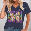 Mode Damen MardiGras T-Shirt Vintage New Orleans Karneval Schleife Shirt V-Ausschnitt Kurzarm Festival Party Tops Mardi Gras Tees