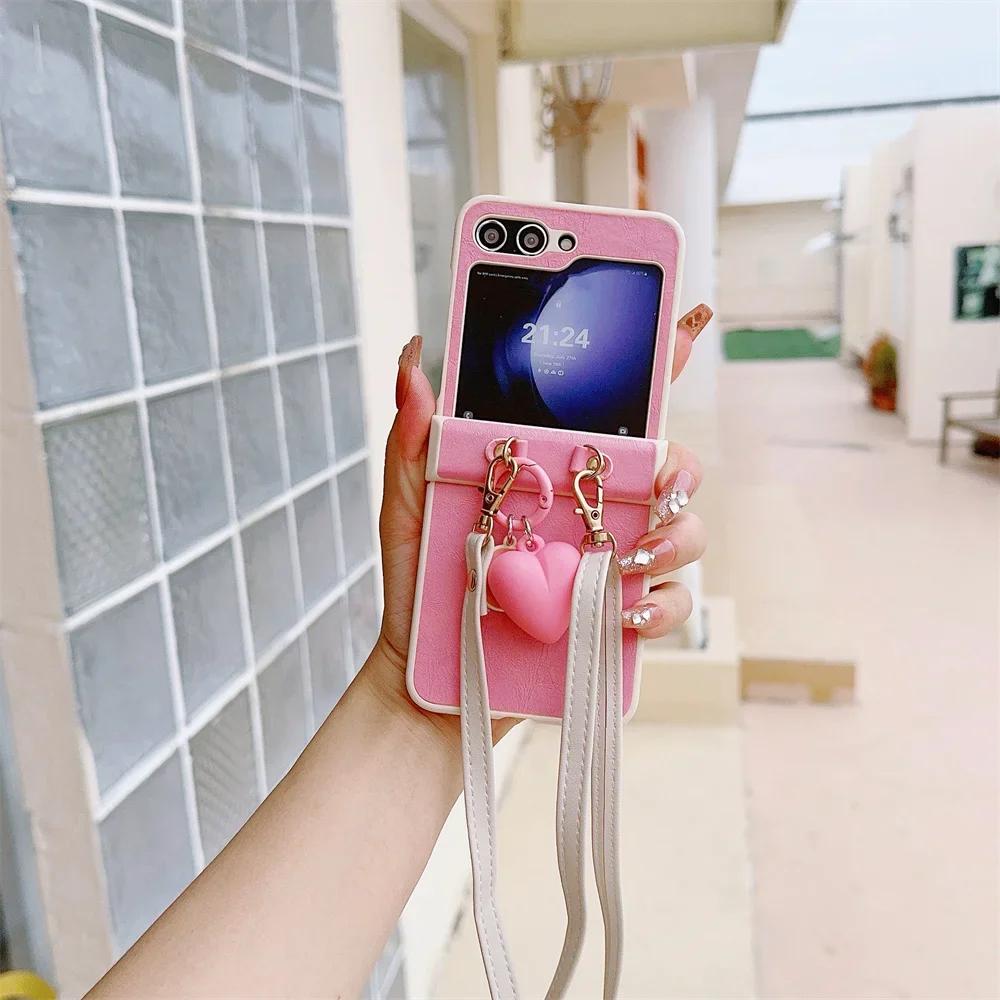 Leather Crossbody Love Pendant Phone Case for Samsung Galaxy Z Flip 6 5 4 3 Flip5 Flip4 Flip3 5G Protective Shockproof Cover