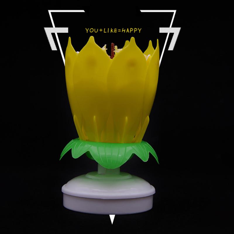 Musical Birthday Cake Candle Double Layer Lotus Flower Opening Rotating Candle For Birthday Cakes