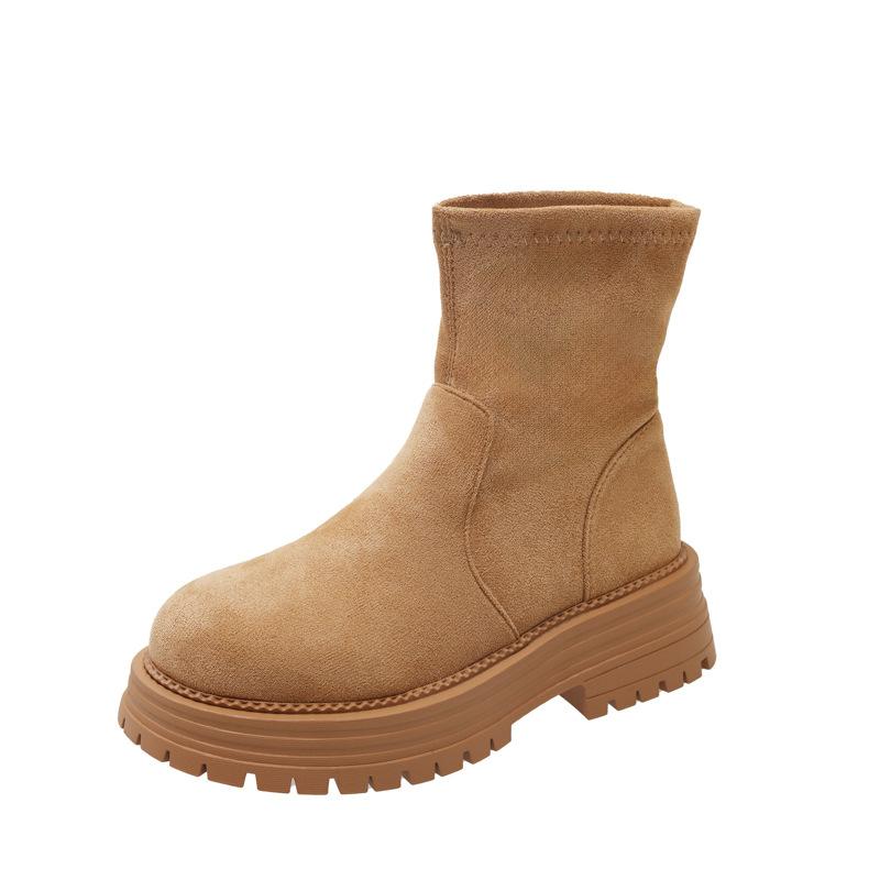 Original Autumn and Winter Thick-soled One-pedal Elastic Thick-heeled Martin Boots Low-heeled Leather Short Boots Thin Women's Boots