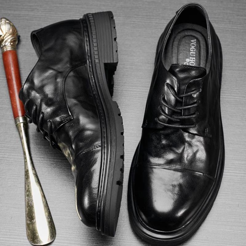 Men'S Shoes Fashionable Breathable Formal Business Shoes Spring Autumn Thick-Soled Blue Round Head Small Leather Shoes Casual Fashion Leather Shoes