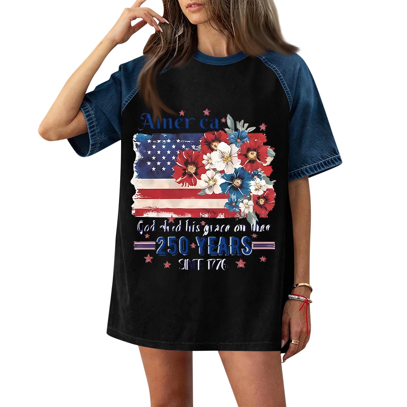 

Denim Patchwork Shirts For Women Stand Collar Casual Blouse Short Sleeve Comfy Tshirt Spring Summer Fashion L чёрный