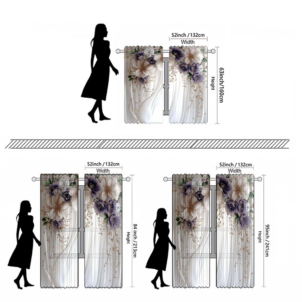 2-piece set of high-definition digital printed curtainwhite floral embroidered sheer curtain for rod pocketHome decoration style