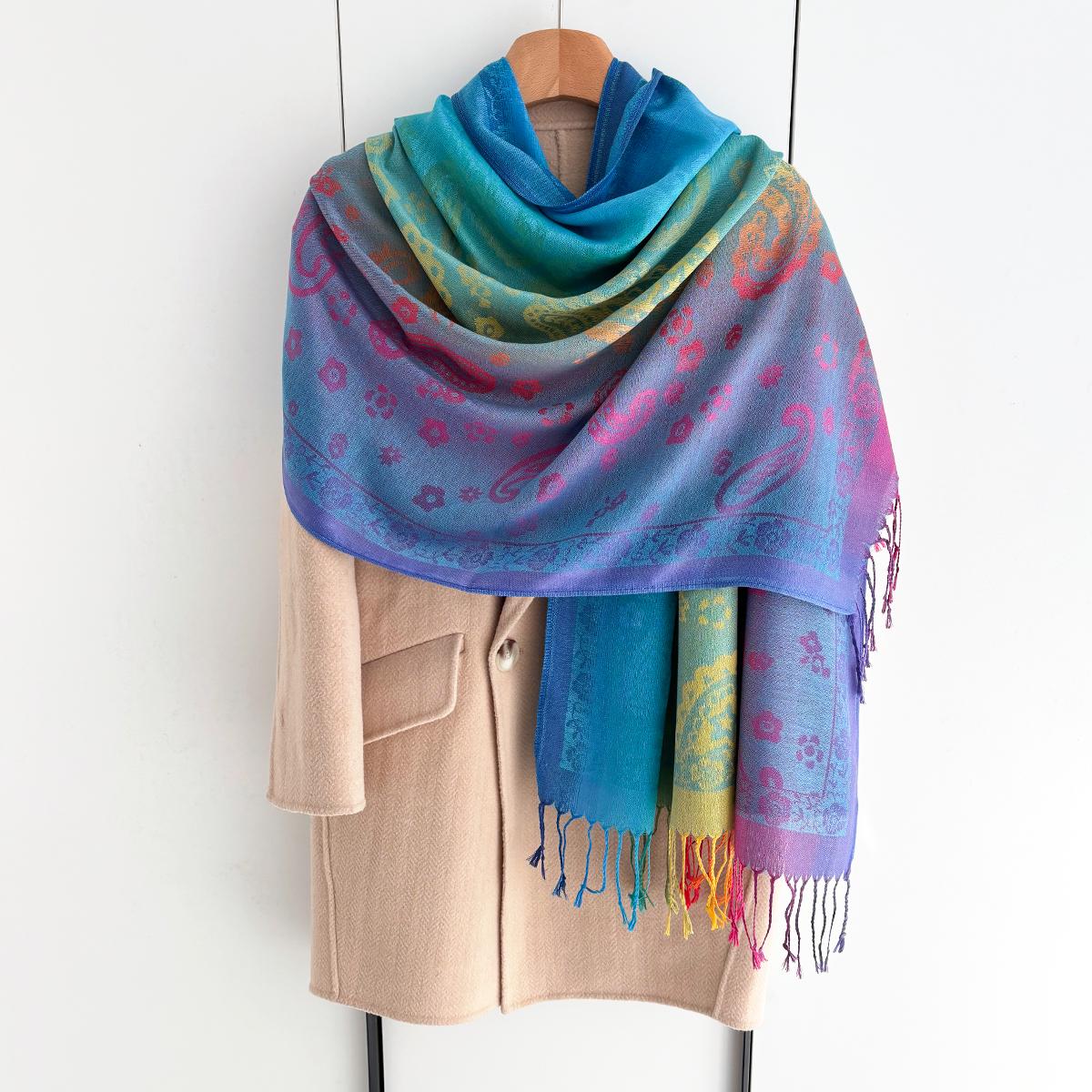 Yto Scarf Women's Rainbow Colors Winter Warm Thick Ethnic Style Jacquard Scarf Travel Muslim Hijab Cashmere Tassel Shawl Wrap Pashmina 70-180Cm