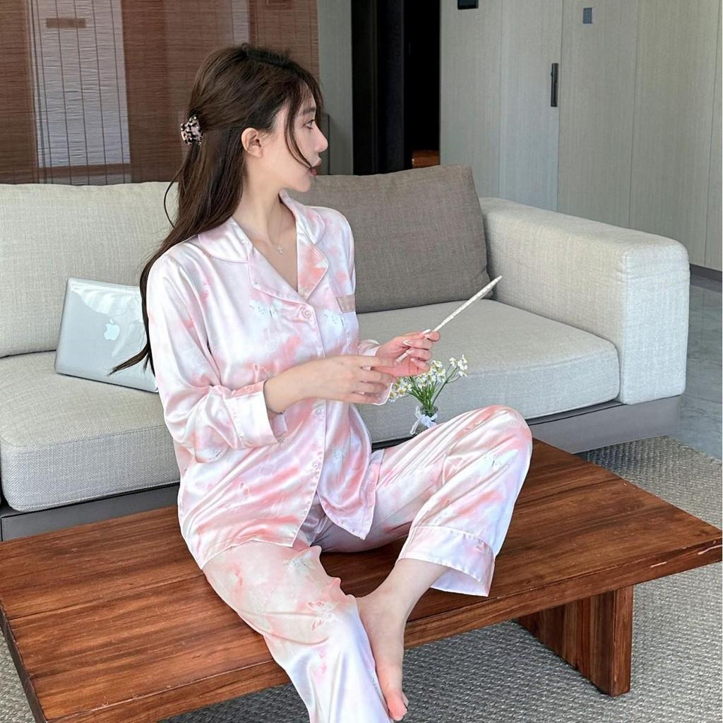 2025 Women's Ice Silk Tie-Dye Butterfly Pajama Set: Long Sleeve Top & Pants