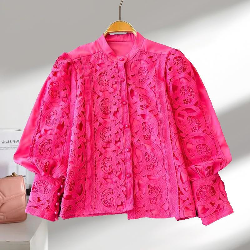 Fashion Retro Hollow Out Embroidered Lantern Sleeve Shirt Women's Tops Single Breasted Solid Loose Casual Blouses Women Elegant Round Neck Shirt 26447