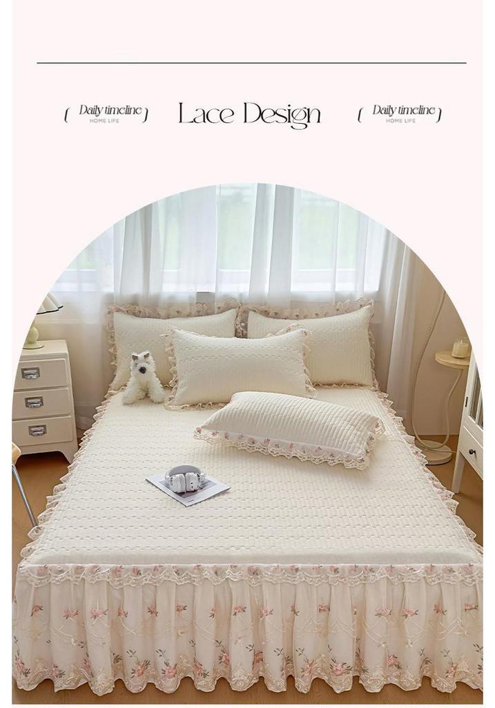 Korean Princess Crinkled Quilted Lace Bed Skirt: Thick Non-slip Mattress Protector