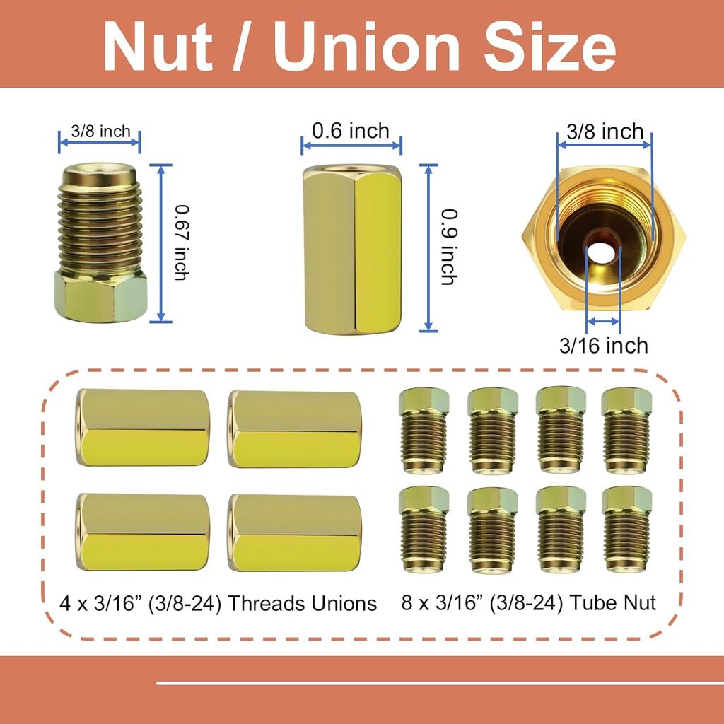 4 Sets Of 3/16” Brake Line Tubing Unions (Connectors) With 8 Nuts (3/8 – 24 Threads), Brake Line Fittings Tool Kit For Automotive & Motorcycle