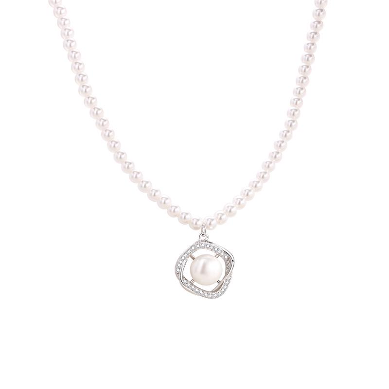 925 Sterlingsilber Französische Retro Süßwasserperlenkette für Damen - High-End Kleiner Reisperlen Choker mit Anhänger