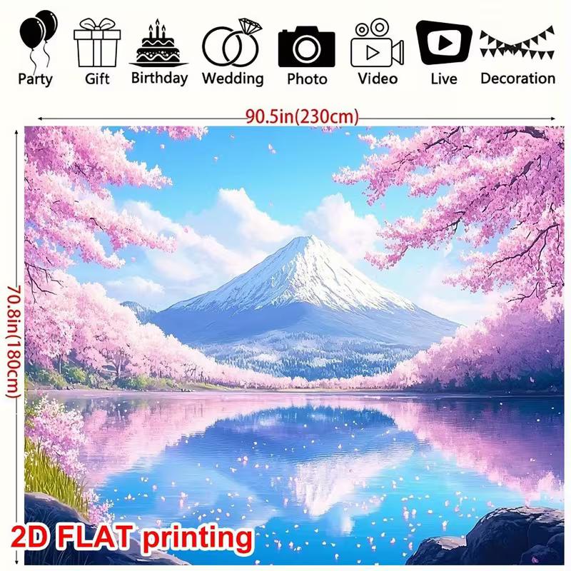 2D Mount Fuji Cherry Blossom Lake Backdrop, 2D Spring Scenery Decor