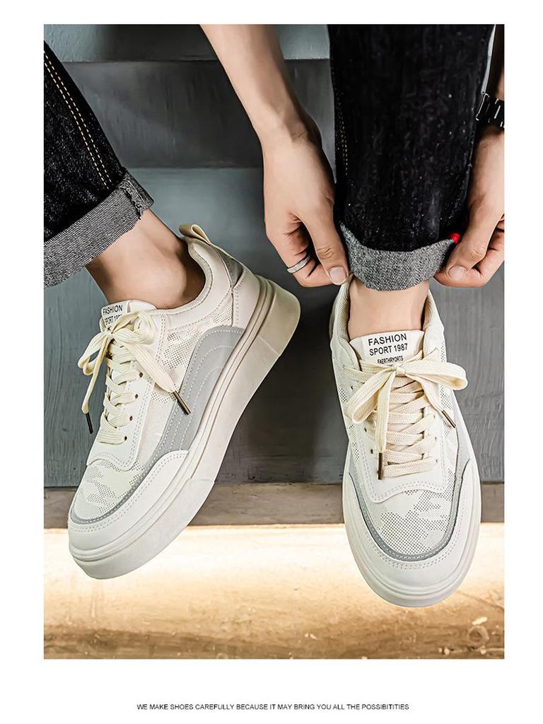Men's Summer Breathable Canvas Sneakers - Trendy Thick-Soled White Casual Skate Shoes