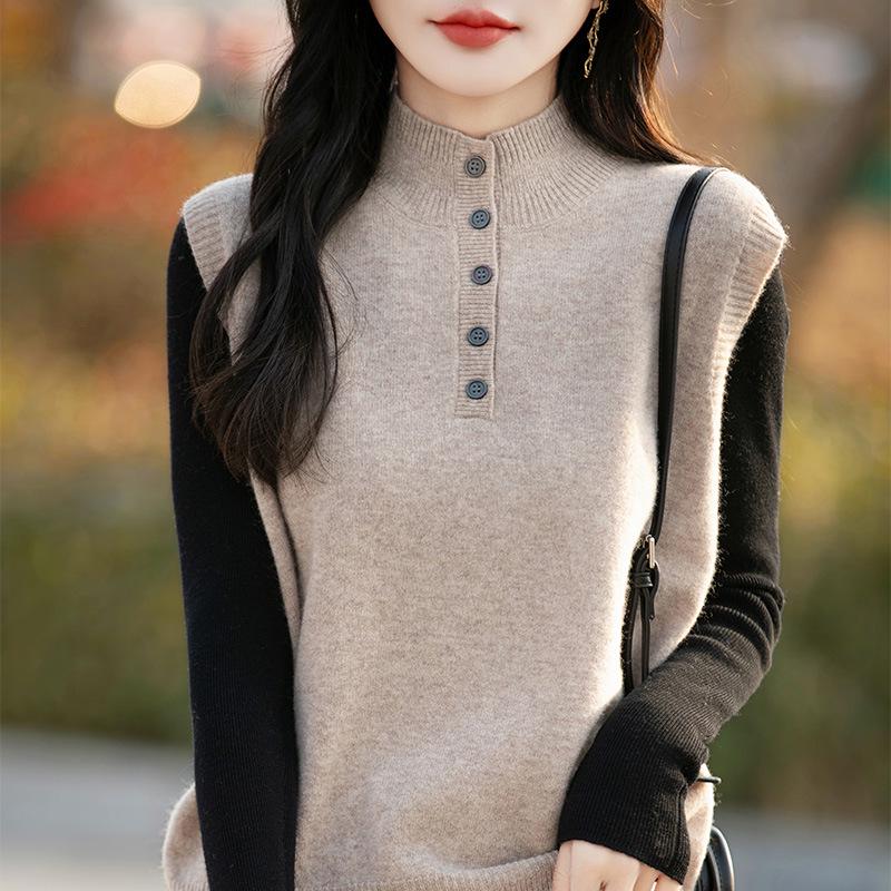 Women's 100% Wool Half-Open Button-Up Knit Vest - Sleeveless, Versatile, Solid Color Pullover with Half-High Collar