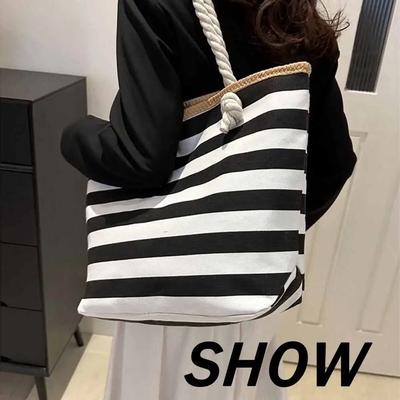 The New Fashion Handbags 2025 Lady Canvas Tote Bags Lady Design Purses For Females Beach Bag Striped Bag