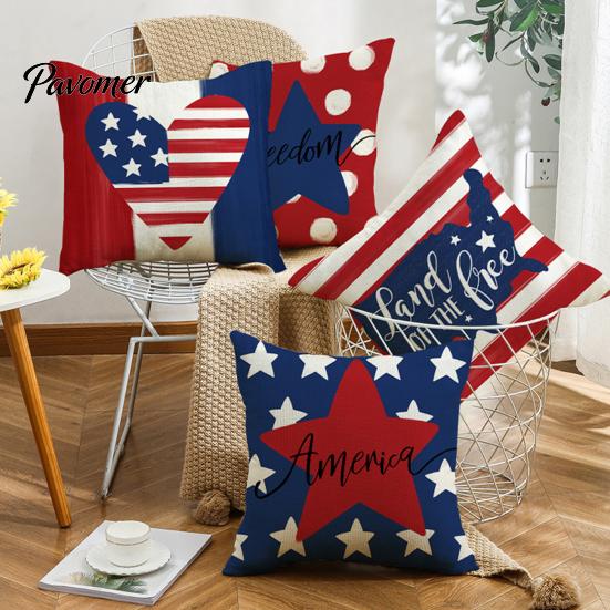 Linen Pillowcase 4th of July Pillow Cover, Independence Day with Red Blue Stripes Hearts Fourth Of Cover Stars Print, Sofa Cushion for Bed Couch