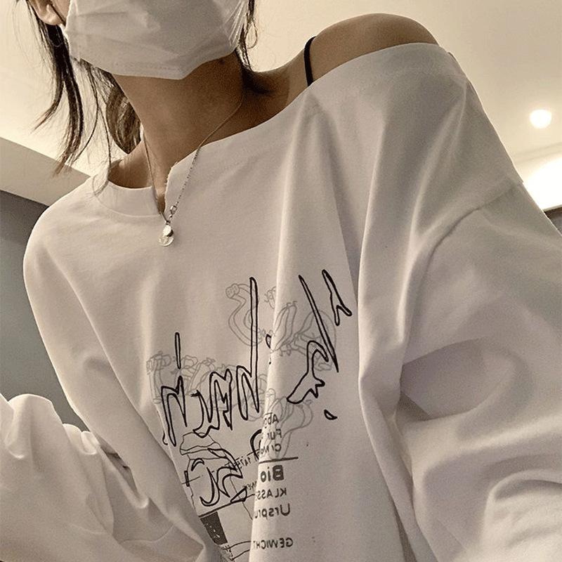 2025 New Retro Letter Printed Top Spring Summer Solid Color Strapless Long Sleeve T-Shirt Loose Top