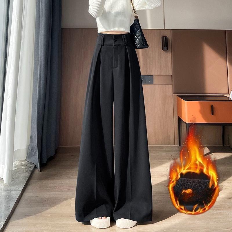 Wide-leg Women's Autumn and Winter Woolen Pants, Pleated High-waisted Slimming, Floor-length Suit Straight-leg Pants