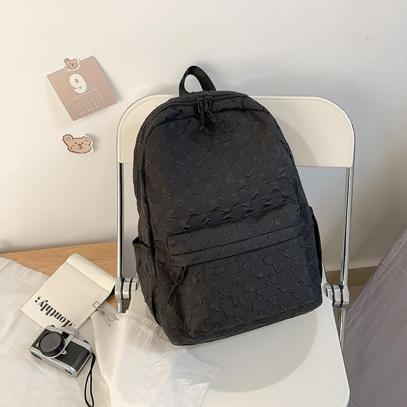 Chic Plaid Pattern Backpack For Girls Trendy And Versatile Nylon School Bag Black