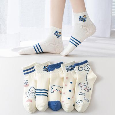 5 Pairs Women's Socks Summer Thin Cotton Socks Short Sleeve Lovely Women's Medium Tube Socks