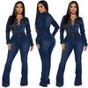3568 Trade Europe and America Cross Border Amazon Silm Stretch Trumpet Wash Long Sleeves Denim Jumpsuit Jumpsuit
