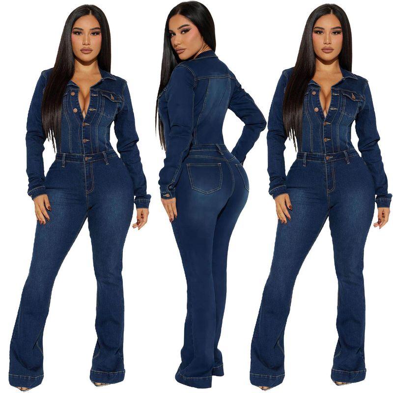 3568 Trade Europe and America Cross Border Amazon Silm Stretch Trumpet Wash Long Sleeves Denim Jumpsuit Jumpsuit