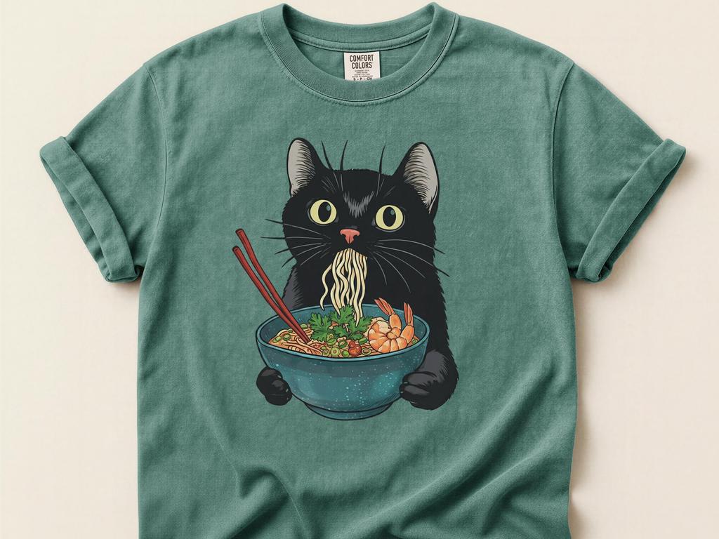 Black Cat Ramen T-Shirt, Funny Greedy Cat Eating Noodles Tee, Cute Foodie Kitty Shirt, Anime Style Meme Graphic Comfort Colors