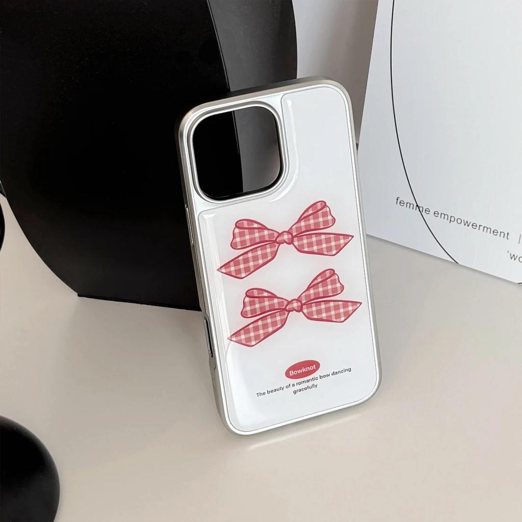 Red Plaid Bow Is Suitable for iPhone17 Mobile Phone Case Apple 15 Electroplating 14 Water Condensation 13 Simple 16 Advanced