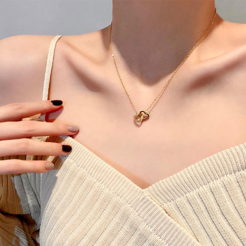 Gold Heart Double Ring Pendant Necklace - Women's Luxury Titanium Steel Clavicle Chain