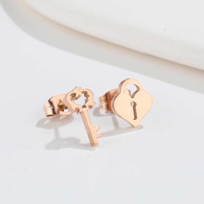 2024 Fashion Stainless Steel Geometric Heart Key Lock Earrings for Couples
